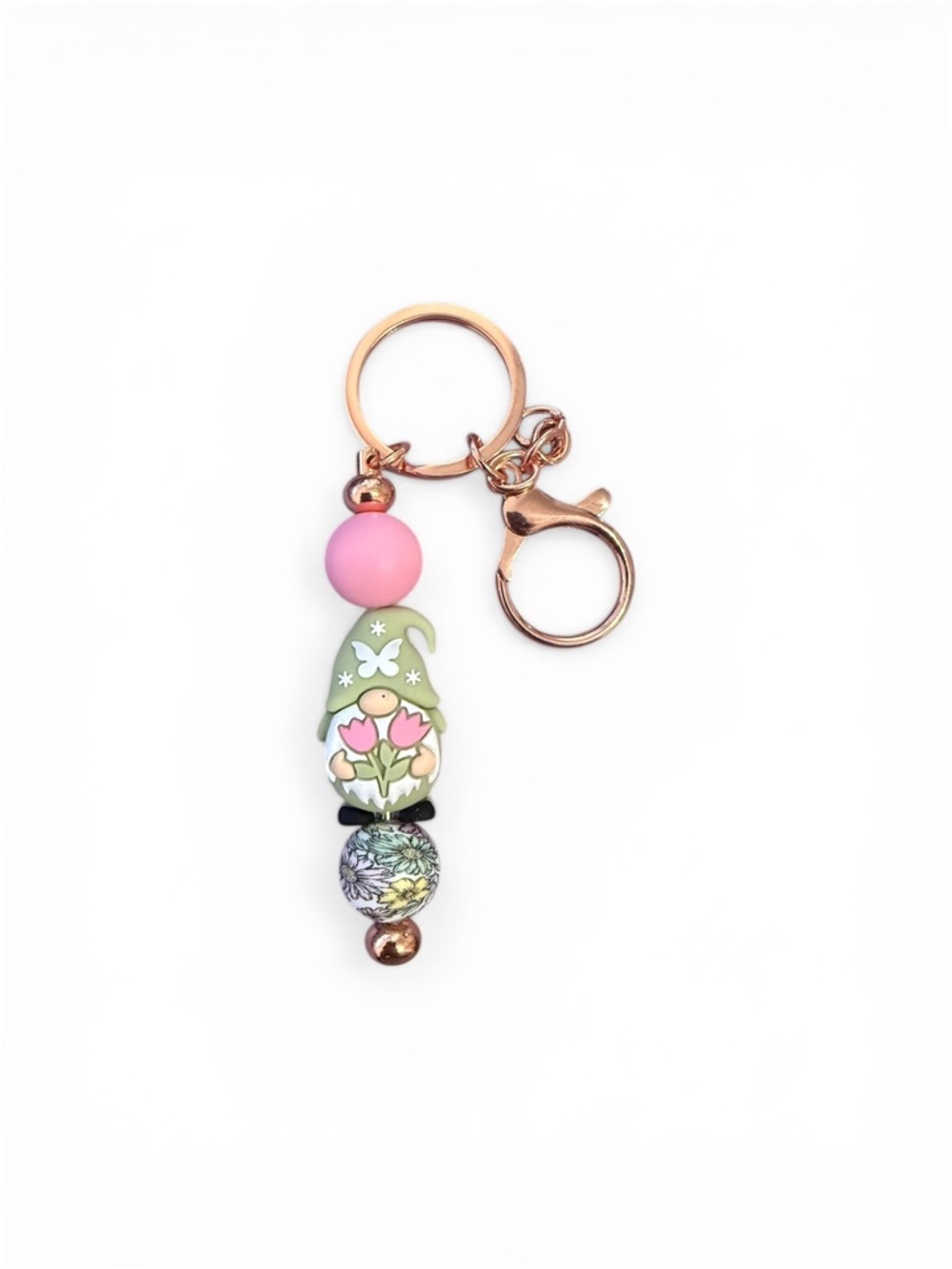 Floral Gnome Bead Keychain - Green & Pink